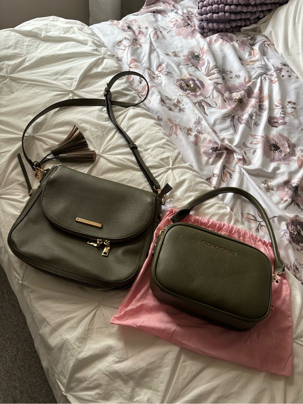 Poppy & Peonies Olive Green Leather Crossbody and Top-Handle Bag Set